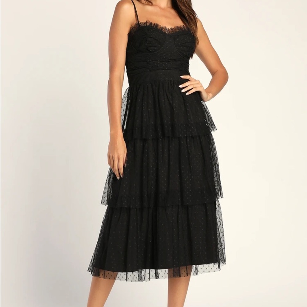 Lulus Sweetheart Style Black Polka Dot Bustier Midi Dress